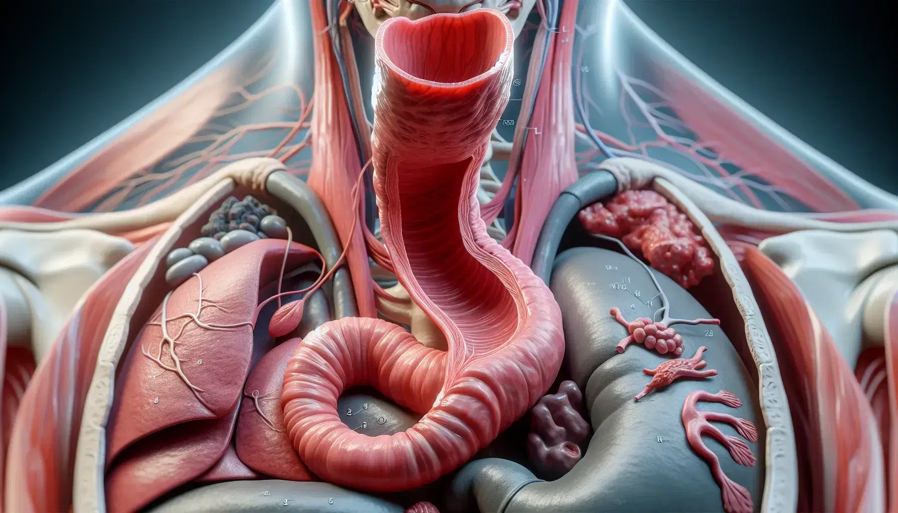 Vista anatómica tridimensional del esófago humano extendiéndose del faringe al estómago, con capas musculares visibles y órganos digestivos circundantes.