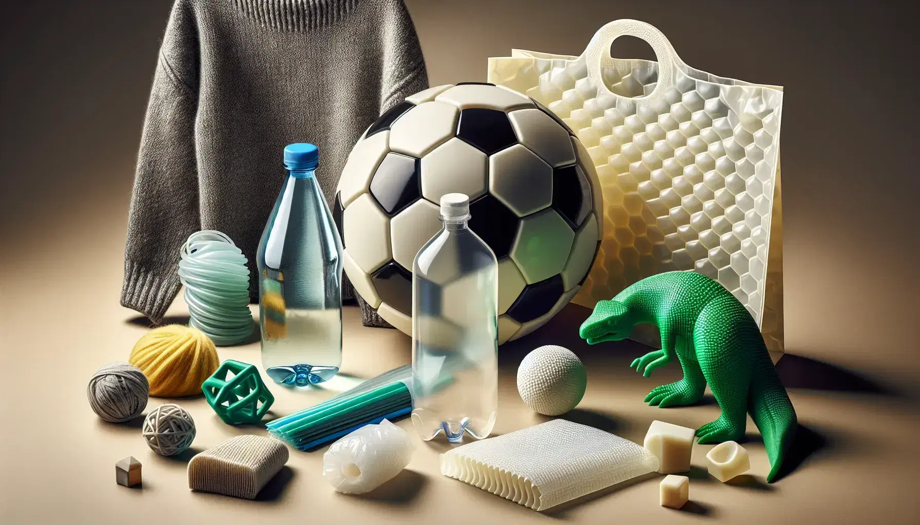 Colección de objetos cotidianos de polímeros: botella de PET transparente, bolsa de plástico flexible, balón de fútbol sintético, juguete de dinosaurio colorido, suéter de fibra sintética y gafas con montura de plástico.