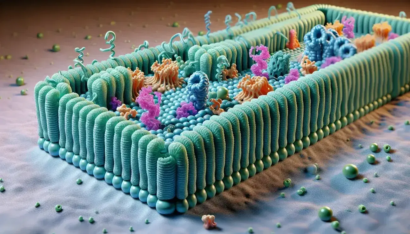 Detailed model of a cellular membrane showcasing a phospholipid bilayer with embedded proteins in green, orange, and purple against a soft gradient background.