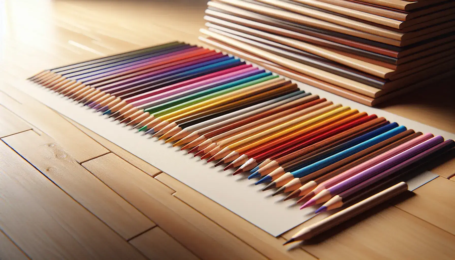 Lápices de colores con puntas afiladas alineados horizontalmente sobre superficie de madera clara, con papeles desenfocados al fondo y luz natural realzando los tonos.