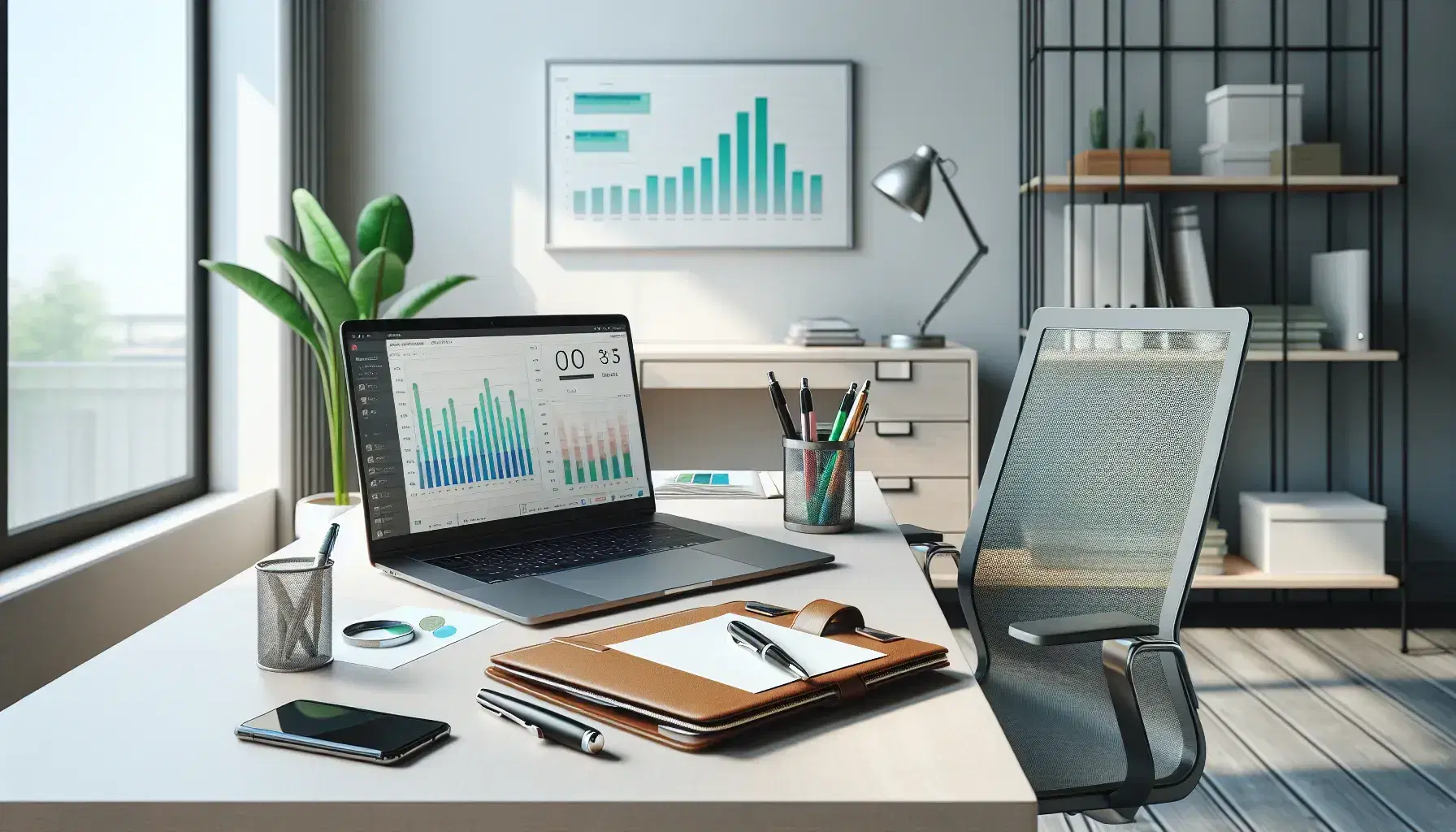Oficina moderna y luminosa con mesa de trabajo, portafolio de cuero, bolígrafo, smartphone, silla ergonómica y planta verde, sin textos visibles.