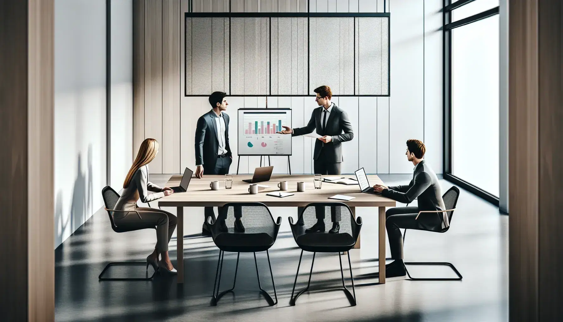 Grupo de cuatro profesionales en reunión de trabajo alrededor de una mesa con laptop, tabletas y papeles, en una oficina iluminada.