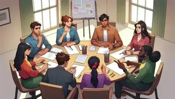 Gruppo multietnico di cinque professionisti in abiti formali collabora attorno a un tavolo rotondo con fogli e penne, in una sala riunioni luminosa.