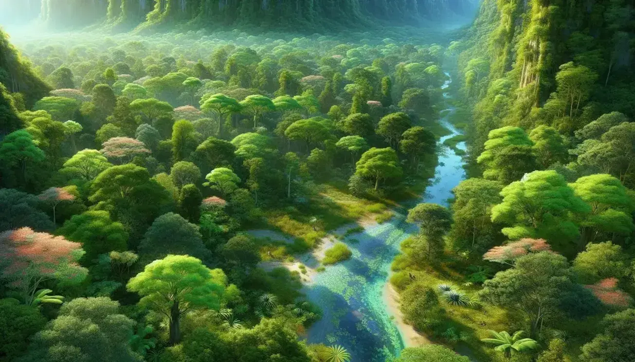 Aerial view of a lush forest with a meandering river, colorful trees and sun reflections on the water, with no signs of human presence.