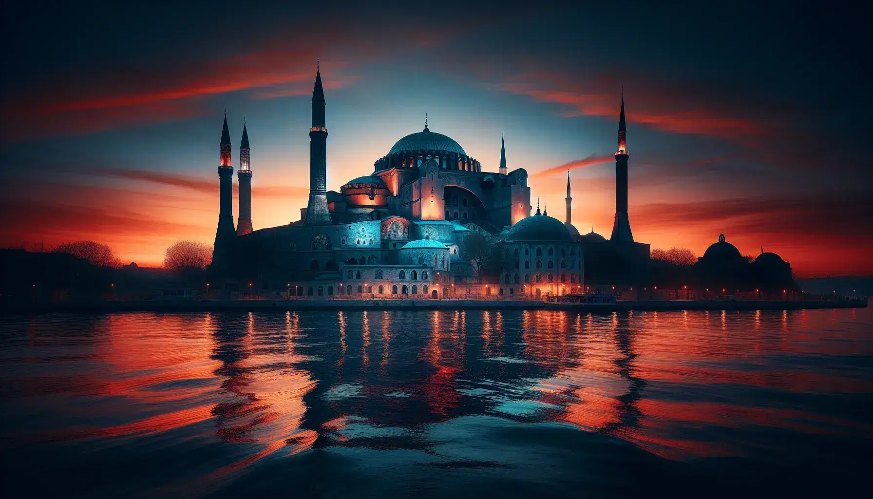 Tramonto sulla moschea di Santa Sofia con cielo sfumato blu-arancio, cupola e minareti in silhouette, riflessi sul Corno d'Oro.
