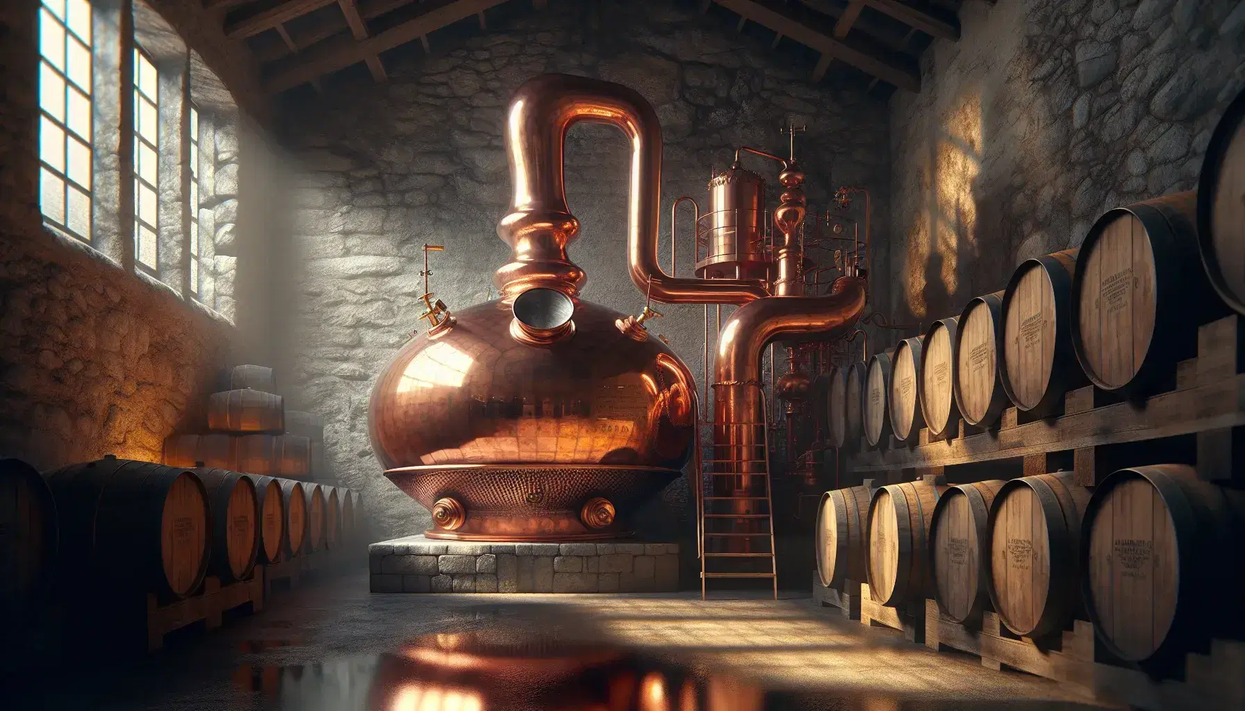 Alambicco in rame lucido per distillazione Cognac con serpentina e caldaia, in cantina antica con barili di legno e pareti in pietra.