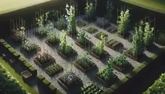 Giardino curato con percorsi di ghiaia e quadrati di piante di piselli fioriti, supportati da tralicci di bambù, sotto la luce solare.