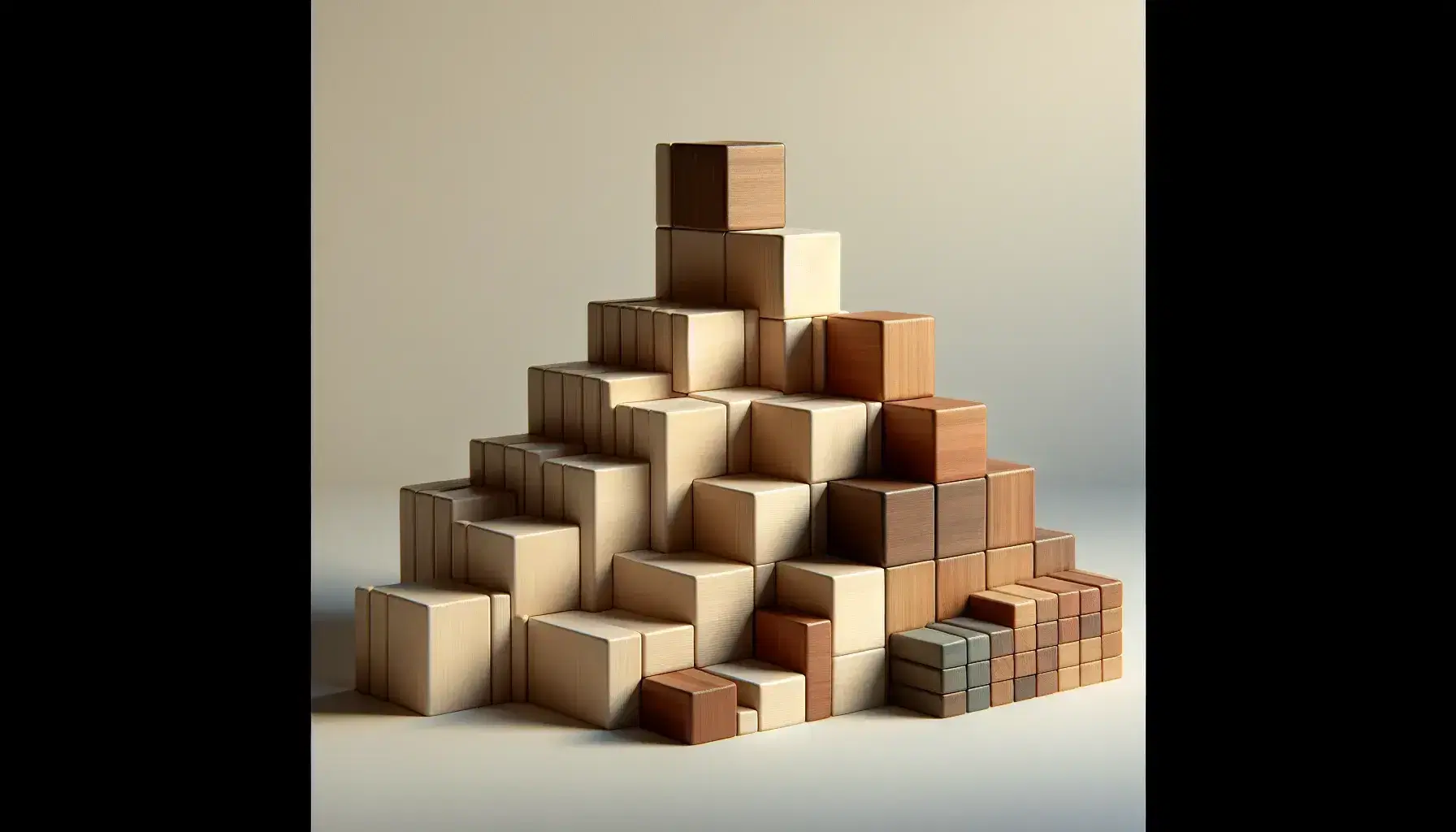 Pirámide escalonada de bloques de madera en tonos marrones ascendentes, desde grandes en la base hasta el más pequeño en la cima, sobre superficie blanca.