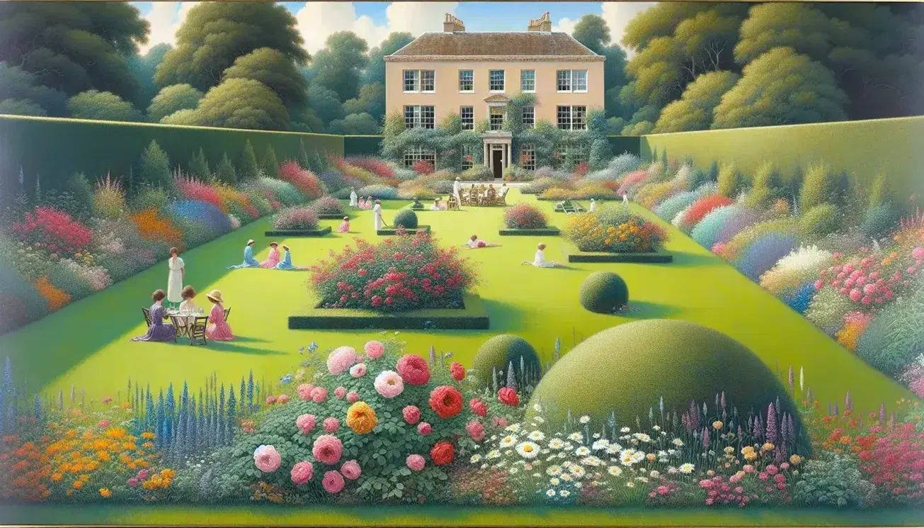 Serene summer garden party scene with guests in pastel attire on a lush lawn, vibrant flower bed, and a grand house with open French doors.