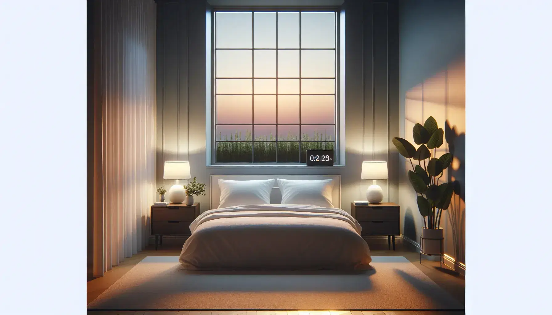 Serene bedroom at dusk with a made bed, white blanket, soft pillows, dark wood bedside tables, unlit lamps and white curtains filtering the sunset light.
