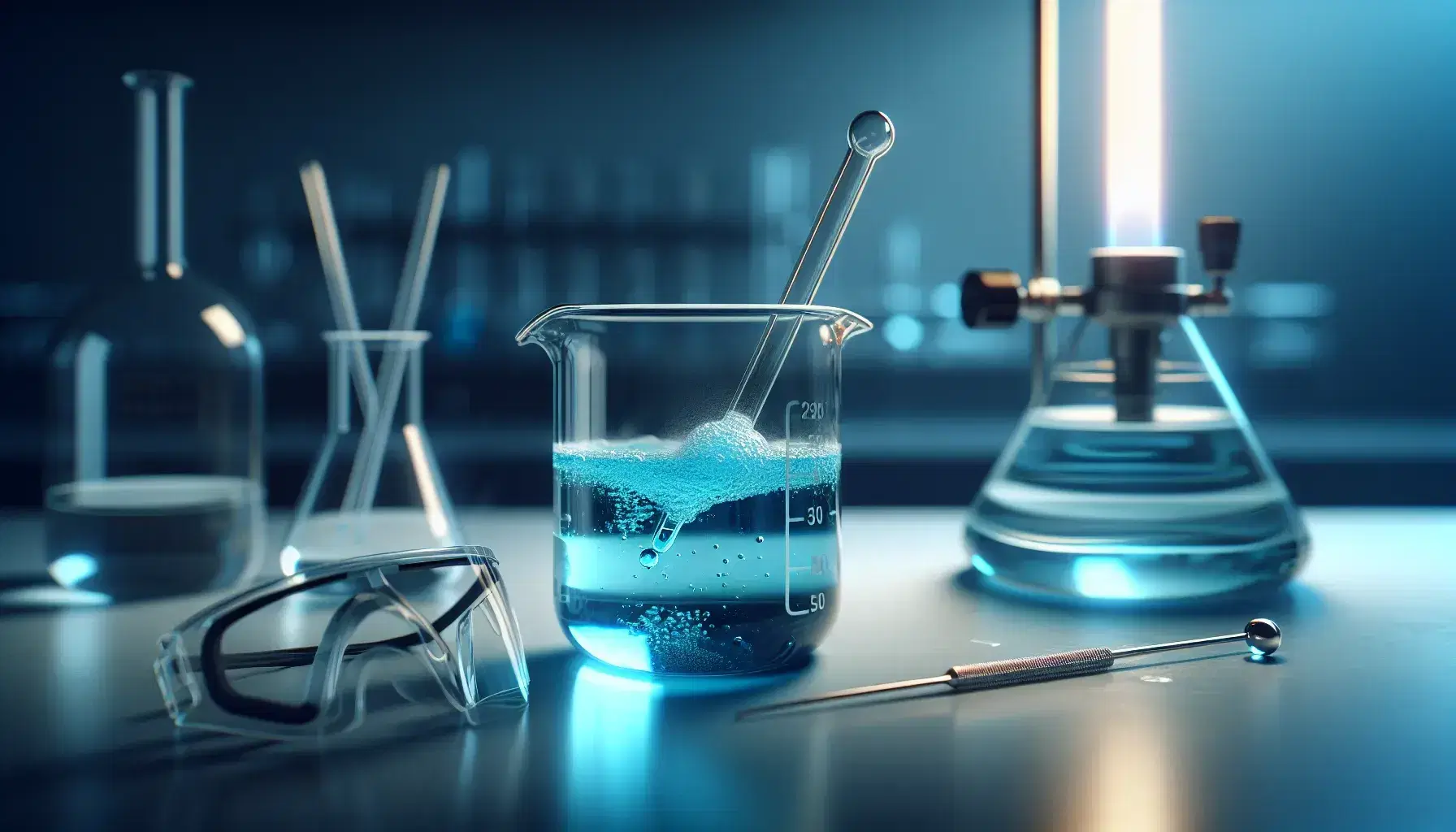 Glass beaker with blue liquid and bubbles in laboratory, stirring rod, safety glasses and latex gloves on bench, burner flame on background.