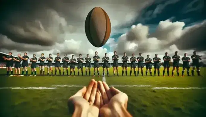 Partita di rugby in corso con due squadre in maglie scure e chiare allineate, pallone in volo e campo verde in sfondo nuvoloso.