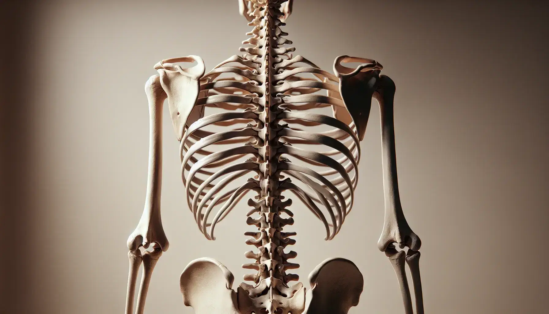 Esqueleto humano visto desde atrás con enfoque en la columna vertebral, mostrando regiones cervicales, torácicas, lumbares, sacras y coxígeas.