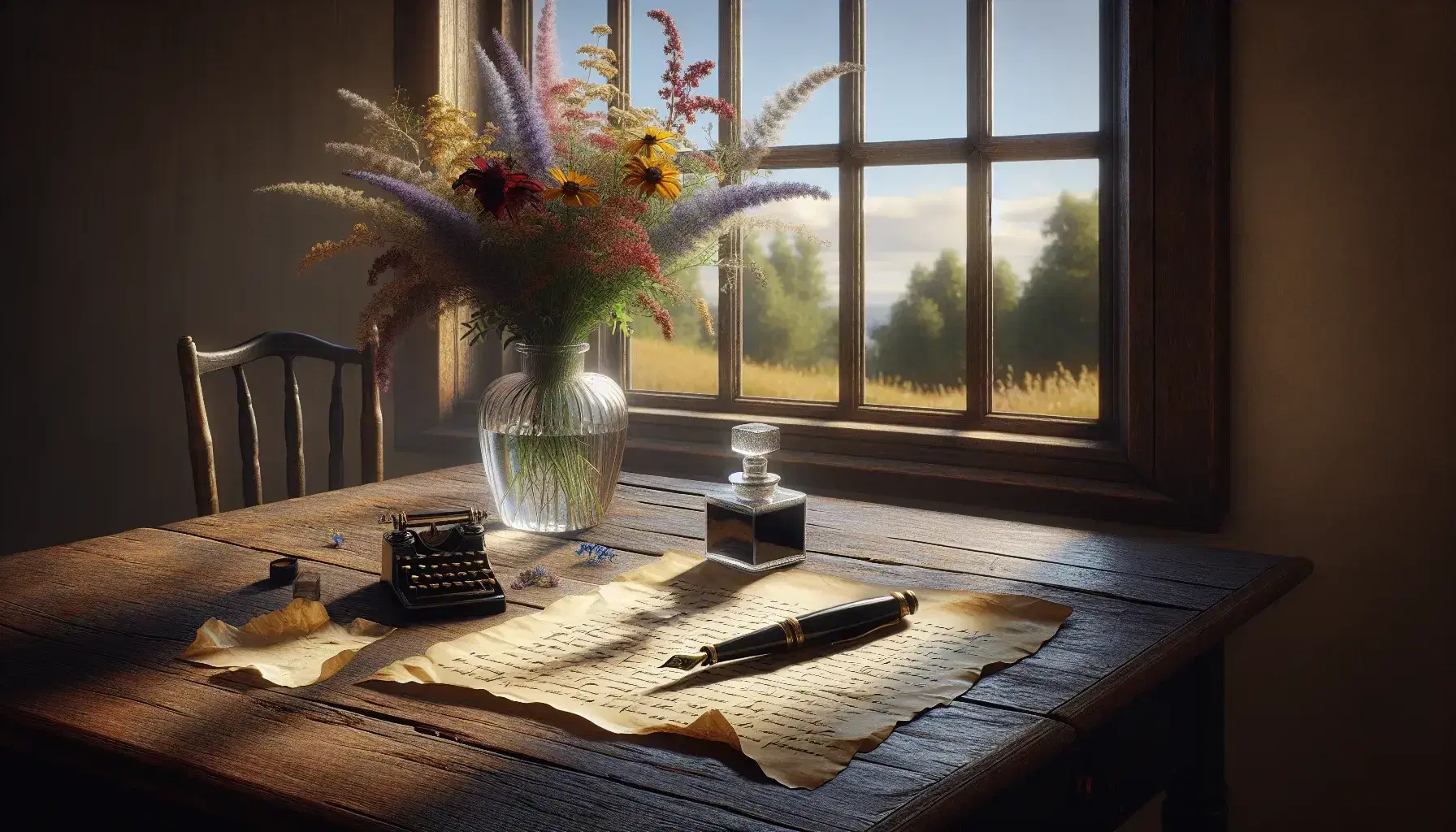 Scrivania in legno scuro con calamaio trasparente, penna stilografica nera, carta ingiallita e vaso di fiori selvatici, davanti a una finestra aperta.