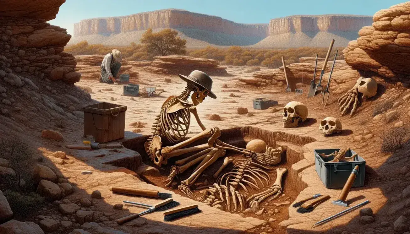 Excavación paleontológica con esqueleto de homínido parcialmente desenterrado, herramientas de trabajo y paleontólogo en acción bajo cielo despejado.