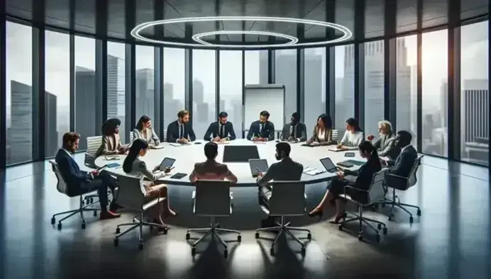 Diverse professionals in a modern conference room engage in discussion, with laptops and tablets on the table, against a city skyline backdrop.