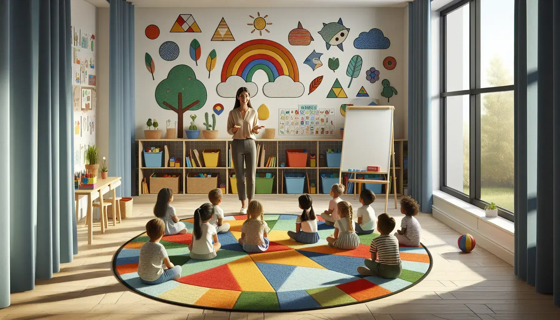 Aula preescolar luminosa con niños sentados en alfombra circular y maestra explicando, rodeados de juguetes educativos y dibujos coloridos en las paredes.