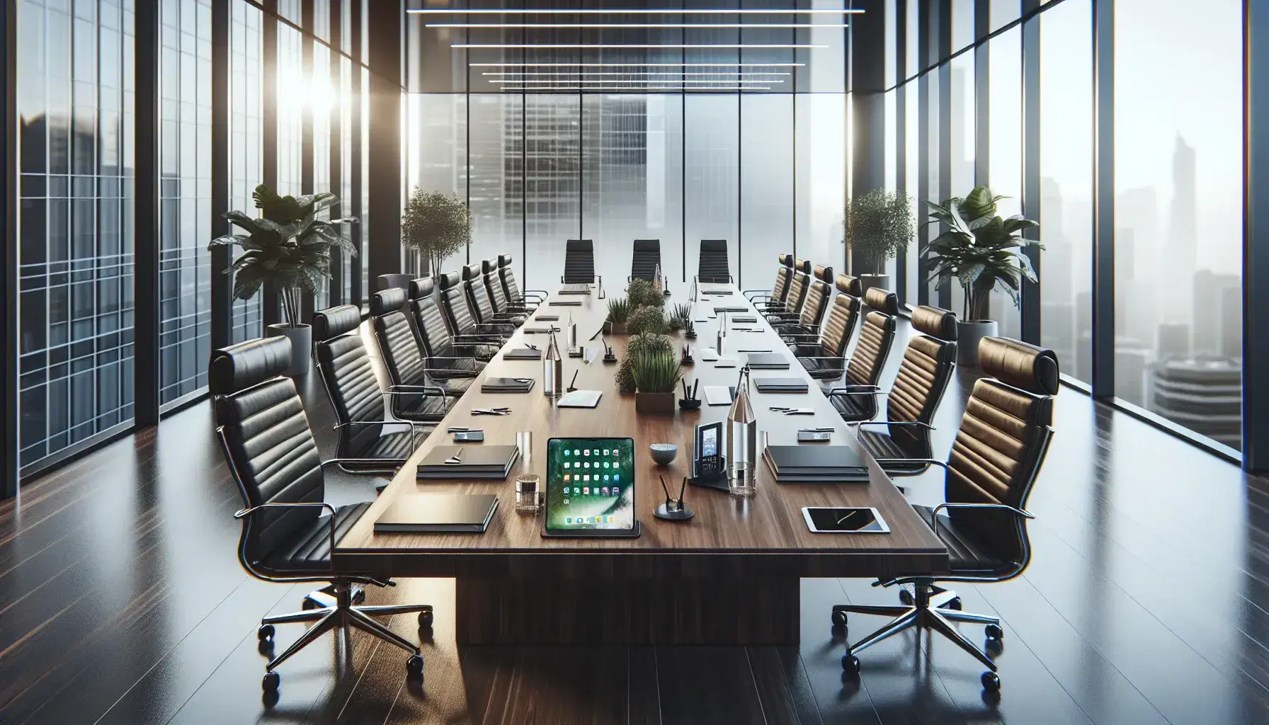 Sala de juntas moderna con mesa de madera oscura, sillas ergonómicas de cuero negro y dispositivos electrónicos sobre la mesa, iluminada por luz natural.