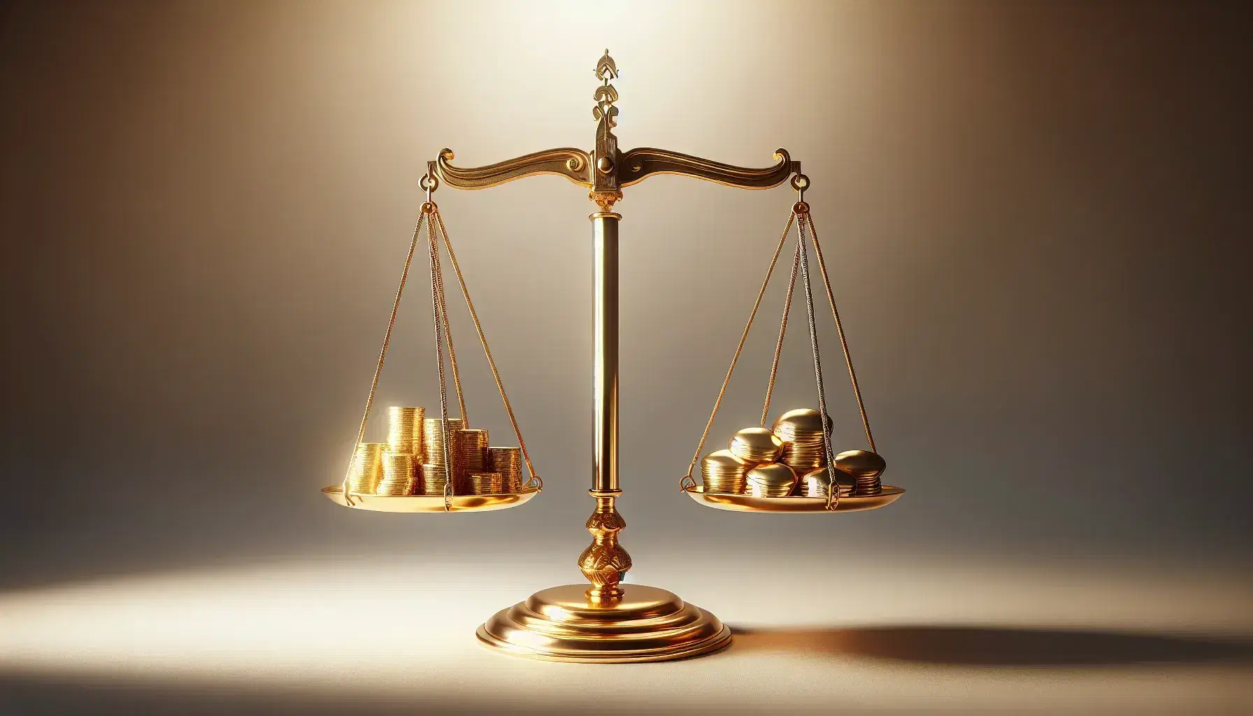 Balanza de dos platos dorada en equilibrio con monedas de oro en un lado y piedras pulidas grises en el otro, sobre fondo neutro.