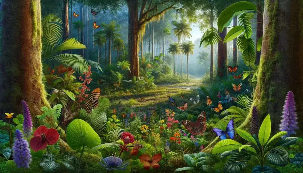 Bosque tropical con diversidad de plantas verdes, flores coloridas, mariposas, un tucán en rama y pequeño mamífero entre rocas musgosas.