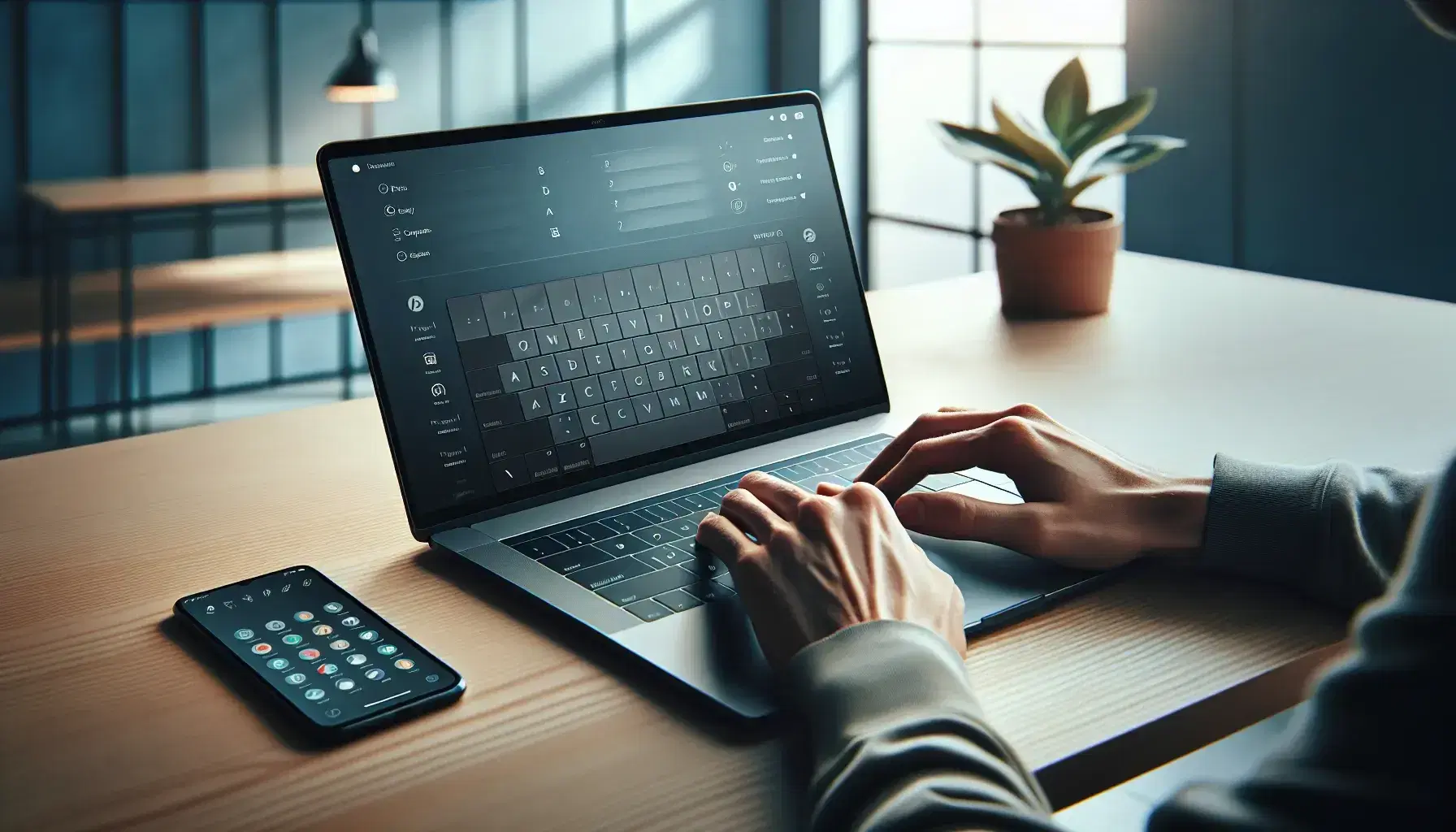 Manos sobre teclado de laptop gris sin letras visibles y smartphone con pantalla encendida en oficina iluminada naturalmente.