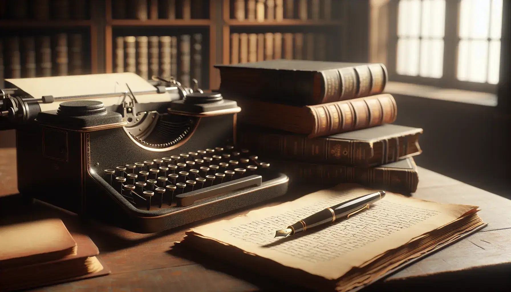 Vintage wooden desk with an antique typewriter, a stack of bound manuscripts, and a fountain pen, against a backdrop of a bookshelf in a softly lit room.