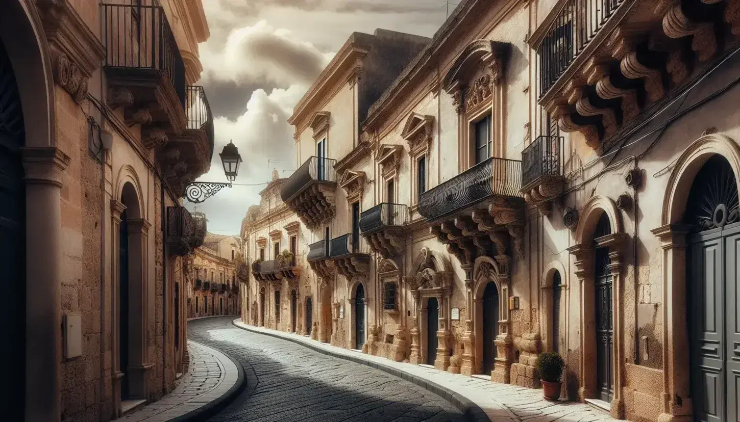 Strada acciottolata in centro storico siciliano con edifici barocchi, lampioni in ferro battuto e cielo parzialmente nuvoloso.