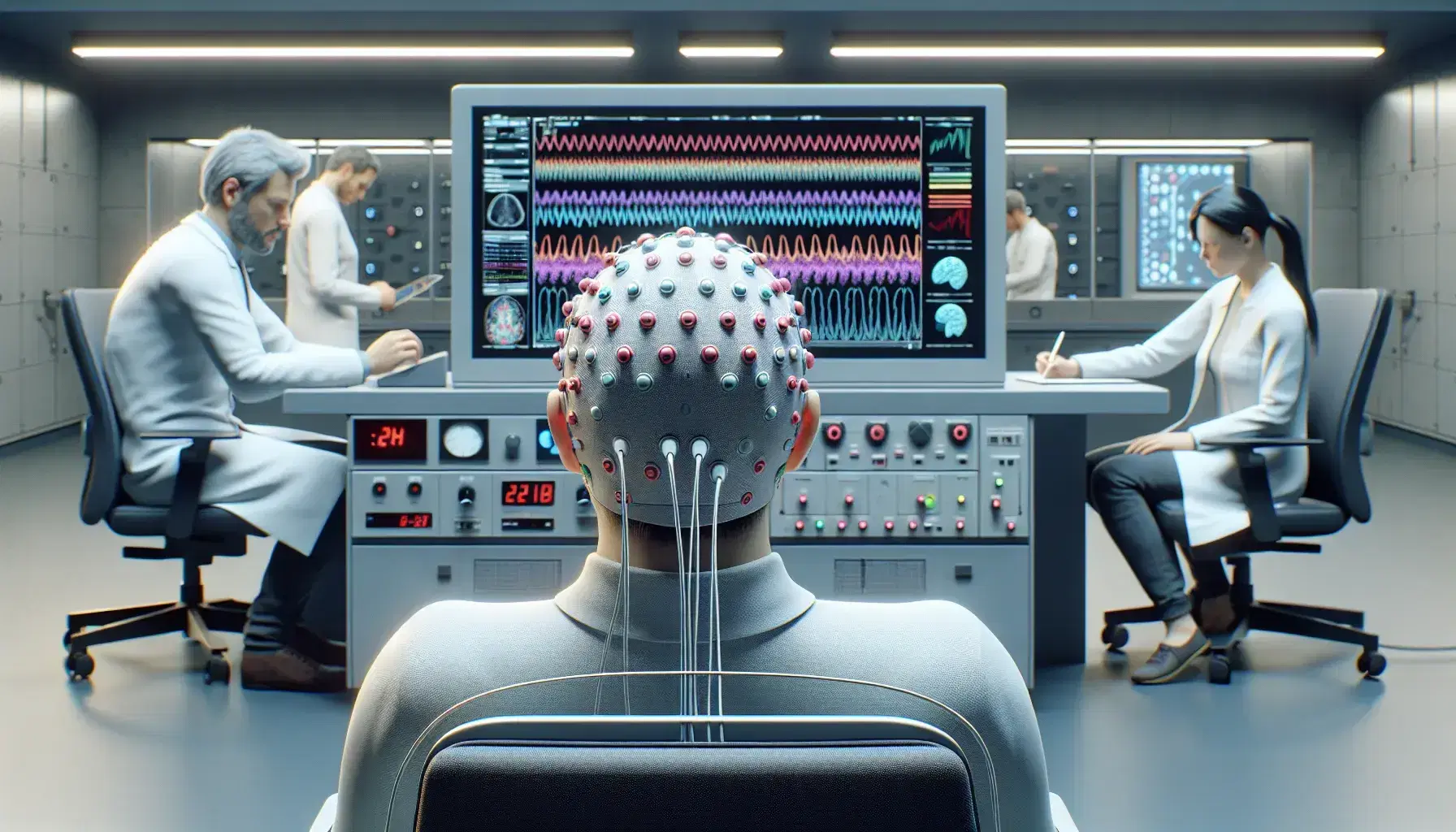 Neuroscience laboratory with subject with EEG and researchers monitoring brain data on screen and taking notes on tablet.