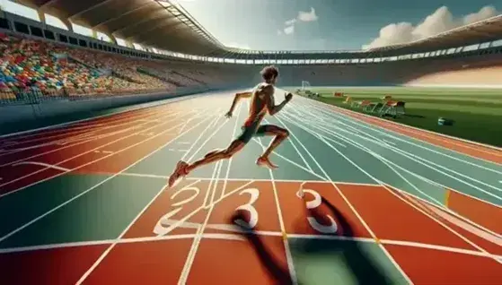 Atleta en plena carrera sobre pista de atletismo rojiza con líneas blancas, equipación colorida y grada vacía al fondo bajo cielo azul.