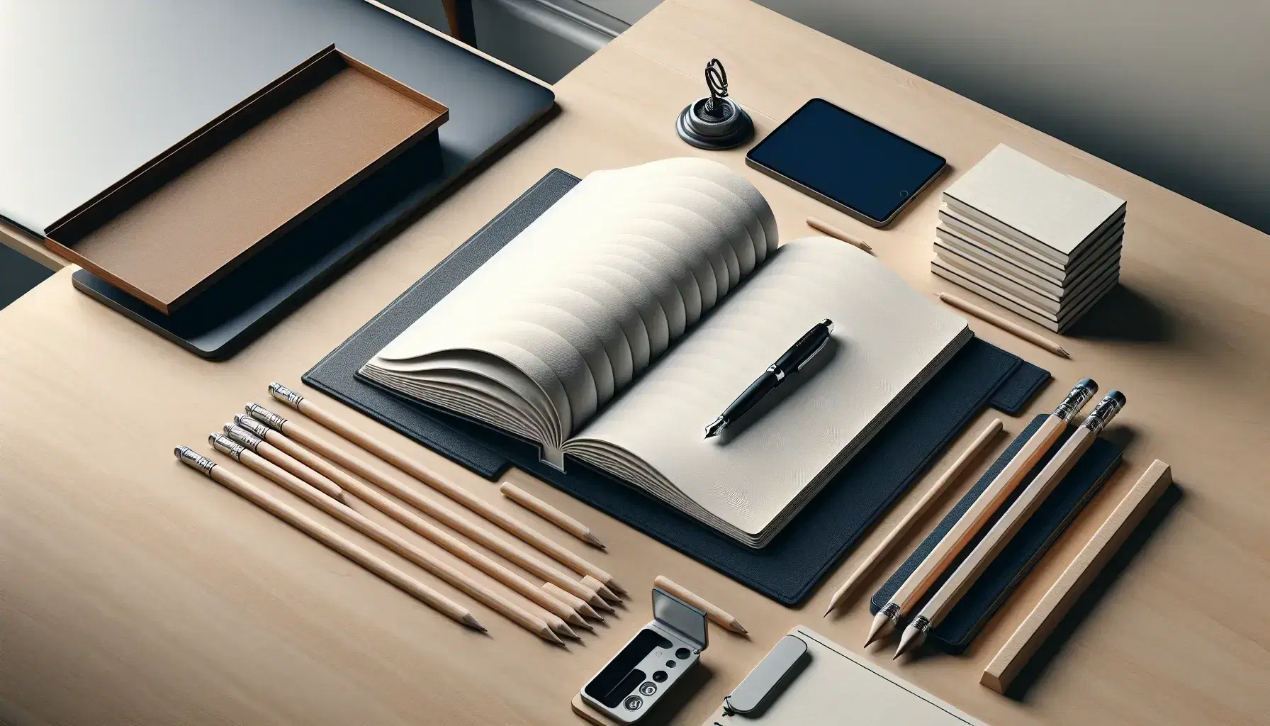 Scrivania in legno chiaro con libro aperto, penna stilografica nera, fogli A4 impilati, laptop parzialmente visibile e quadro astratto.