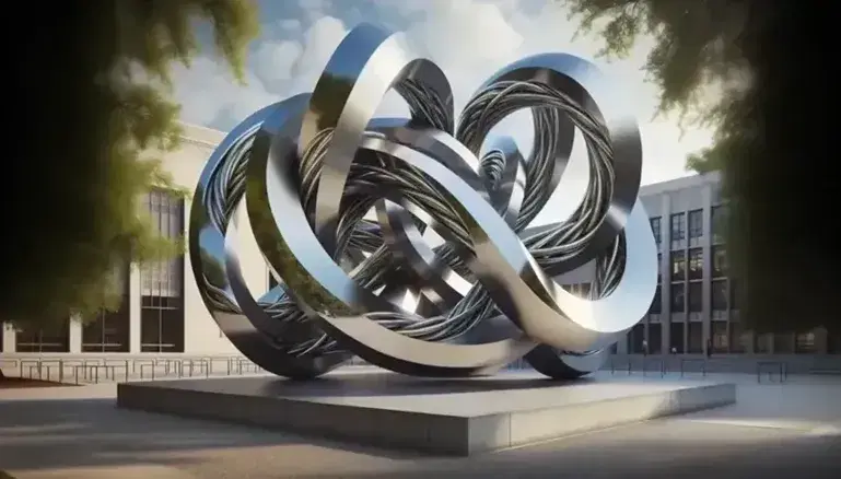 Modern abstract sculpture with intertwined metallic loops in polished stainless steel and matte black, reflecting trees and sky in a public space.