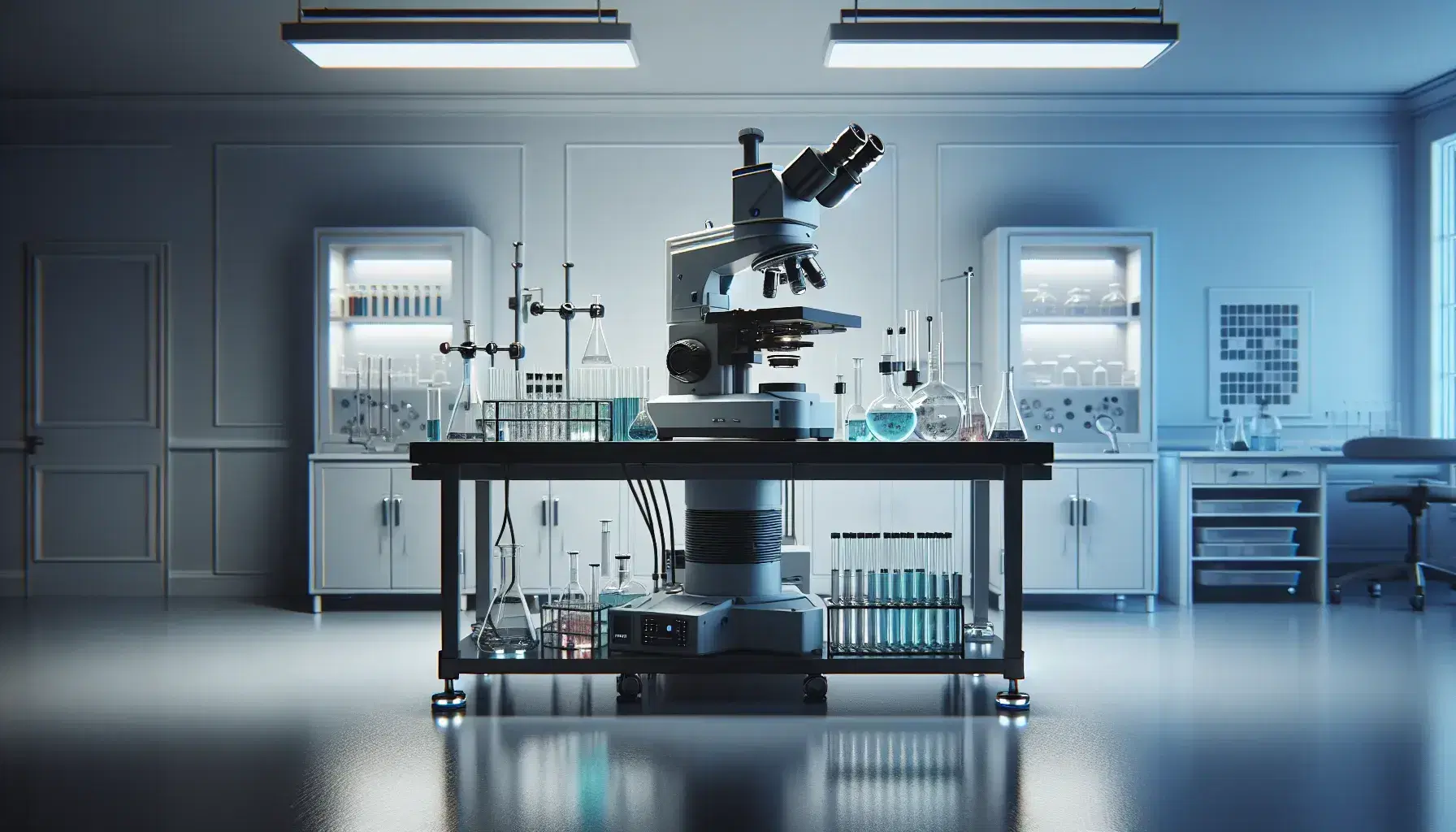 Laboratorio scientifico moderno con microscopio elettronico grigio al centro, tavolo riflettente con provette colorate e bottiglie di vetro.