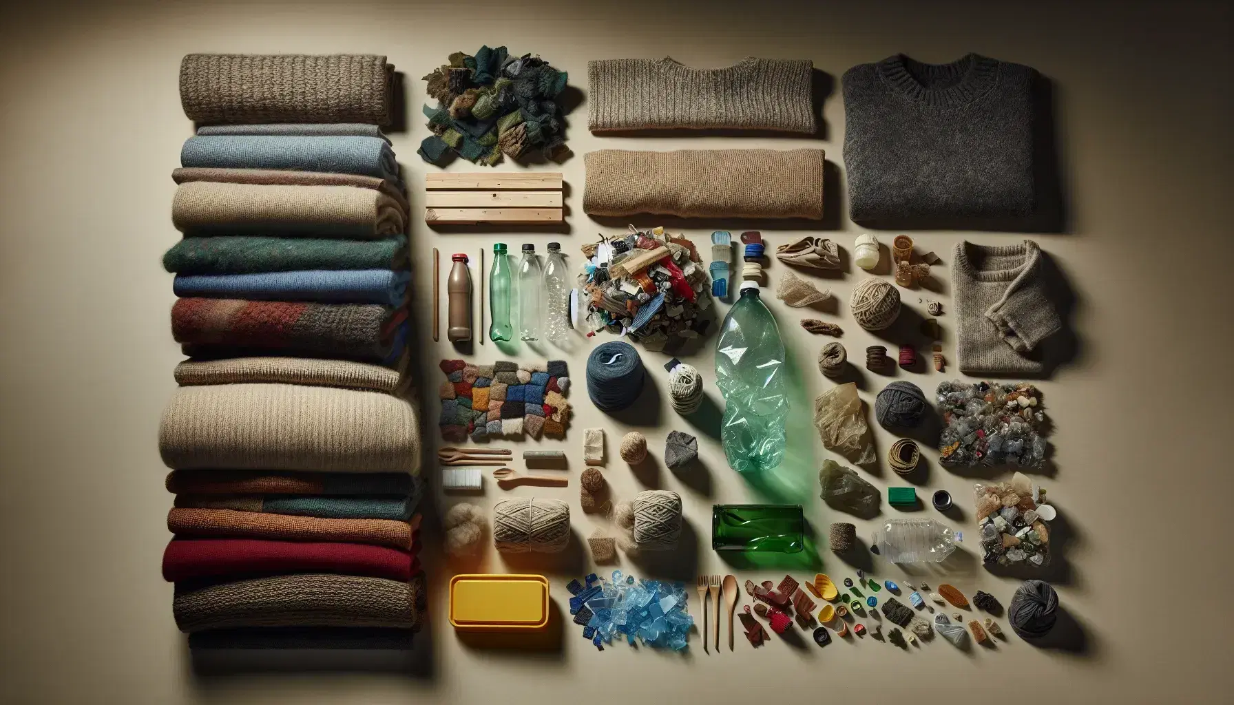Materiali riciclabili assortiti su sfondo neutro, con tessuti piegati, legno, oggetti in plastica, frammenti di vetro e sfondo sfocato con metalli e carta.