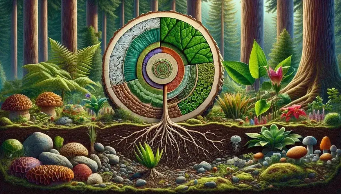 Sección transversal de tallo de planta mostrando tejidos especializados, con planta completa, raíces y suelo en primer plano, y diversidad de flora en el fondo.