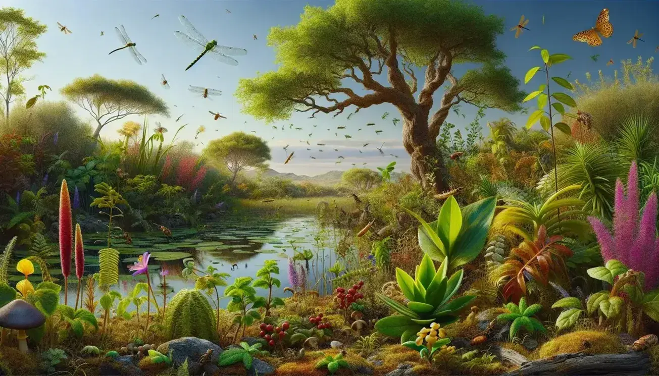 Escena natural con árbol de corteza marrón, arbusto con bayas rojas, flores amarillas y moradas, y un pájaro en vuelo sobre un lago tranquilo reflejando el cielo azul.