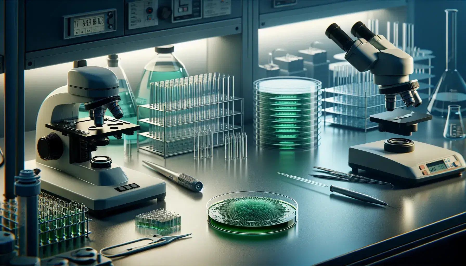 Laboratory workbench with green bacterial culture in petri dish, micropipette, digital microscope, well plates, centrifuge, and Erlenmeyer flasks with blue liquids.