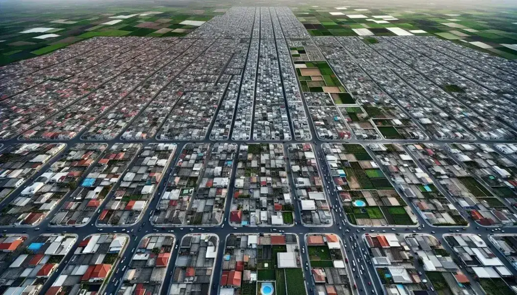 Vista aérea de la transición entre zona urbana con edificios densos y área rural con campos agrícolas, destacando espacios verdes y menor densidad de construcciones.