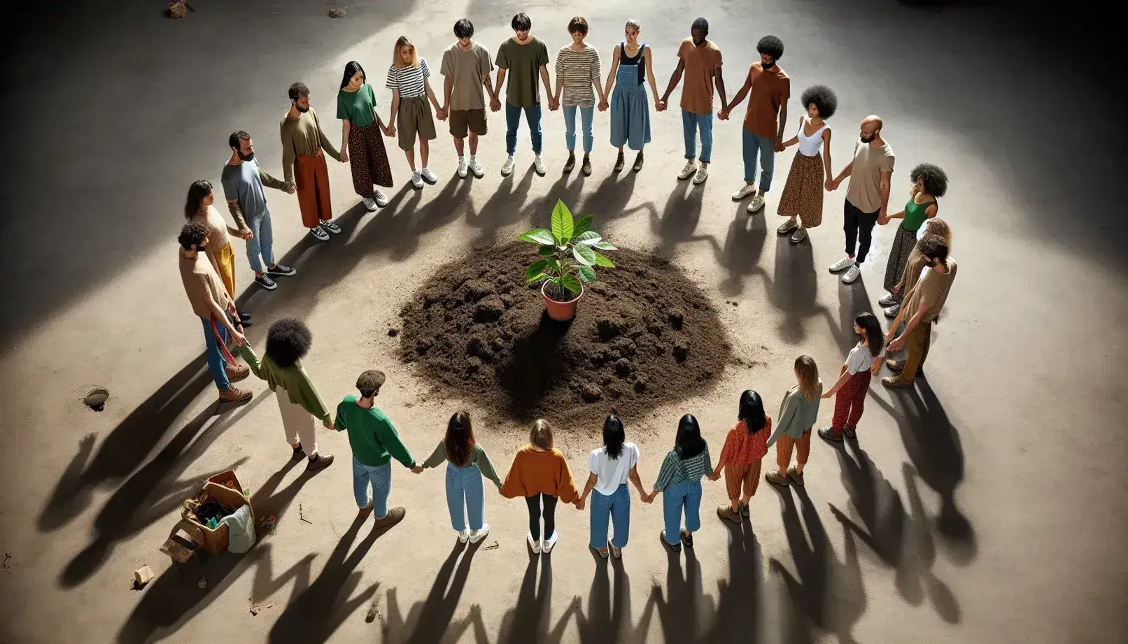 Grupo multiétnico de diversas edades protegiendo una planta joven en un espacio abierto, simbolizando unidad y cuidado ambiental.