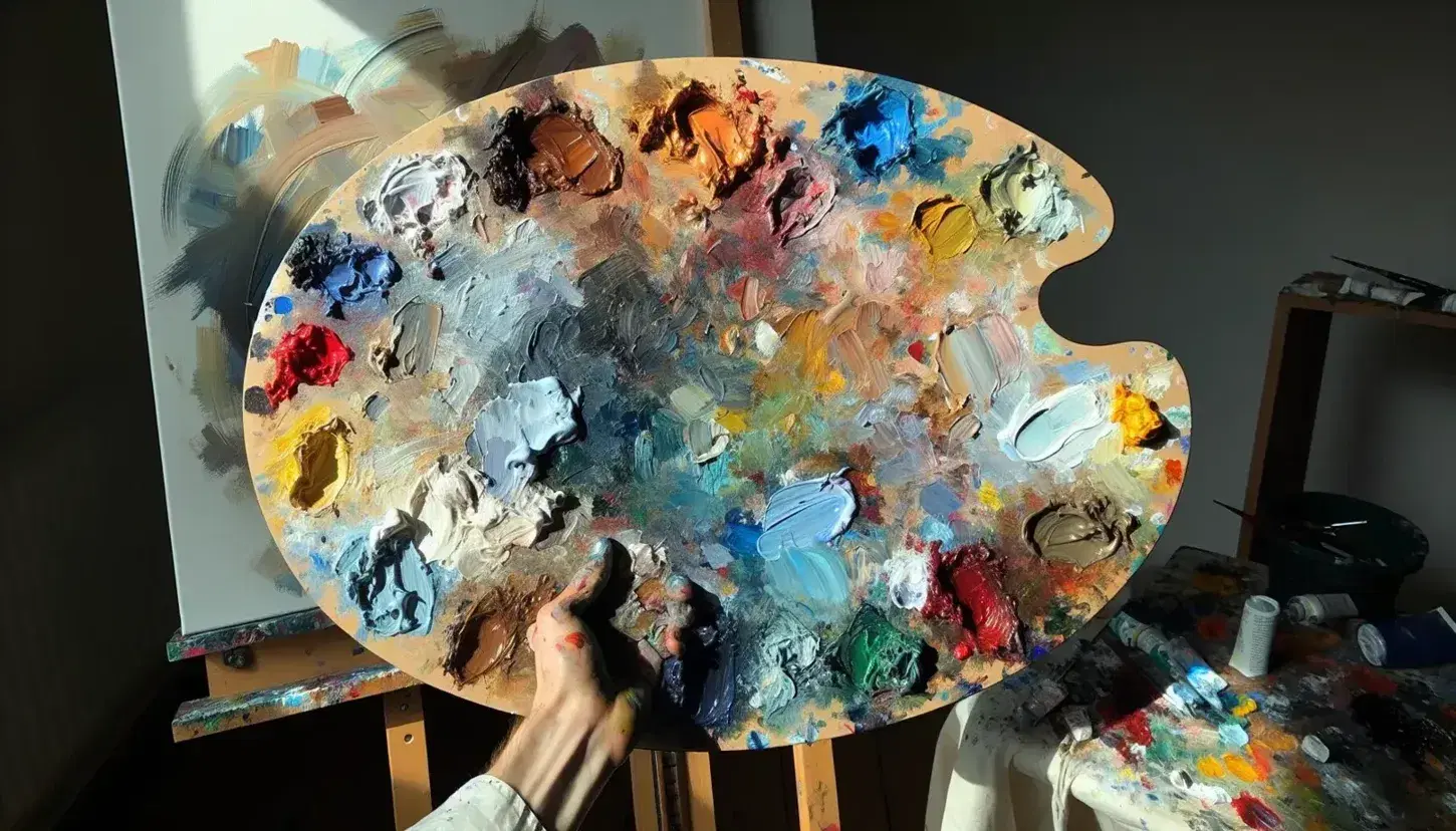 Paleta de pintor ovalada con manchas de pintura en tonos azules, rojos, amarillos, verdes, marrones y blancos, sostenida por una mano sobre fondo de lienzo.