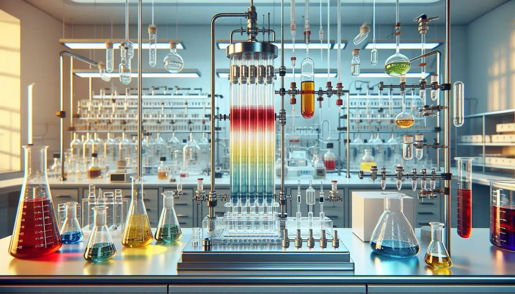 Laboratorio scientifico con colonna cromatografica in vetro e gradiente di colore rosso-giallo, piastra TLC con macchie blu-verdi e attrezzatura cromatografica in acciaio.