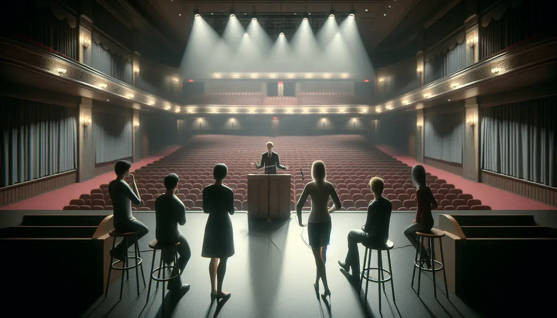 Grupo de cinco personas ensayando en un escenario de auditorio vacío con asientos rojos, iluminación de techo y cortinas azules.