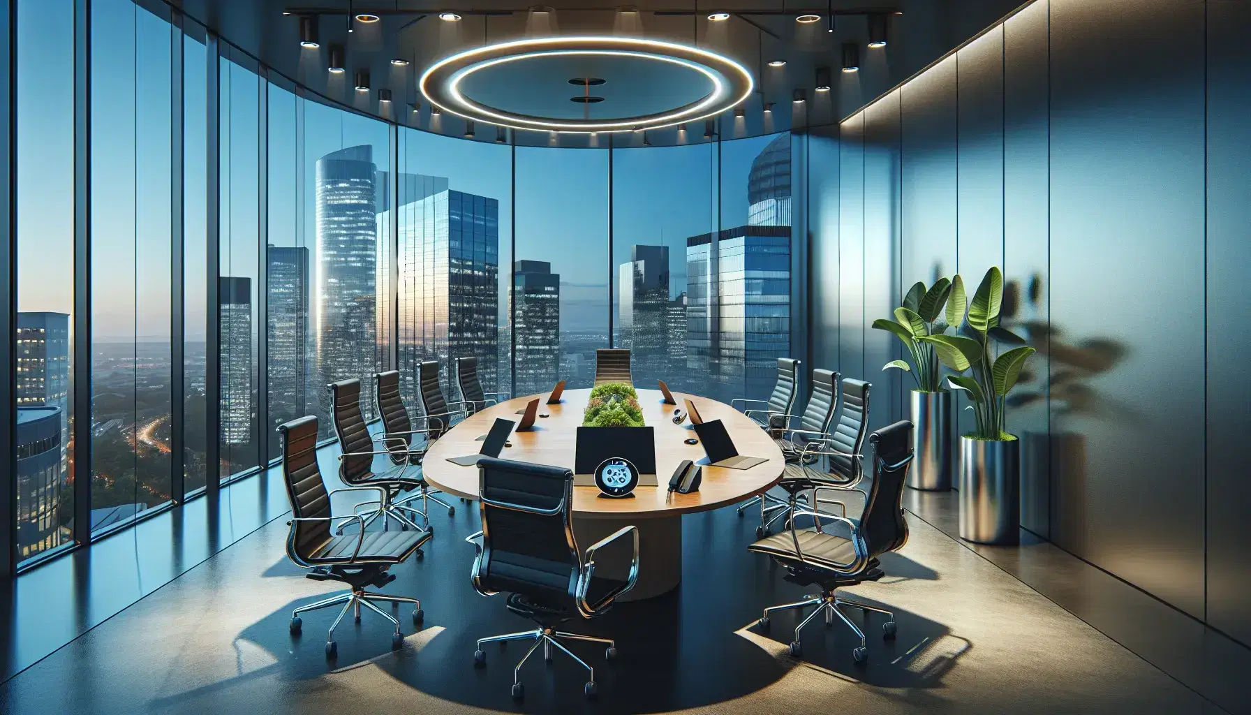Modern corporate meeting room with oval table, black chairs, laptops, tablet, speakerphone, and cityscape view through large window, no people.