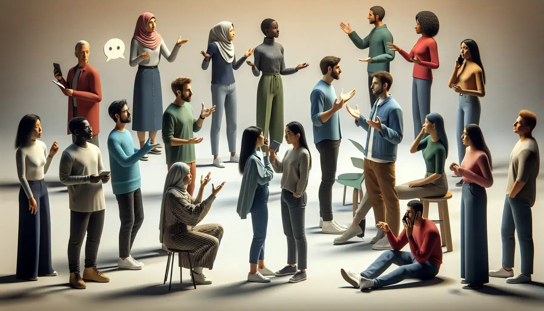 Different individuals communicate in various ways: lively conversation, sign language, telephone call, in a neutral and casual environment.
