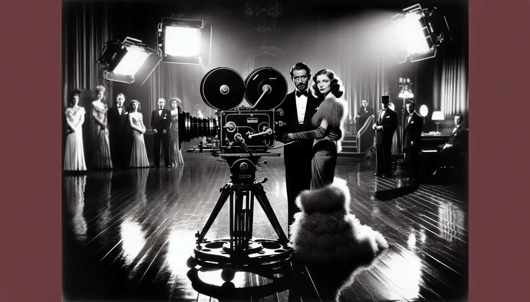 Scena d'epoca di set cinematografico con attori in abito elegante e regista, camera da presa vintage e riflettori in bianco e nero.