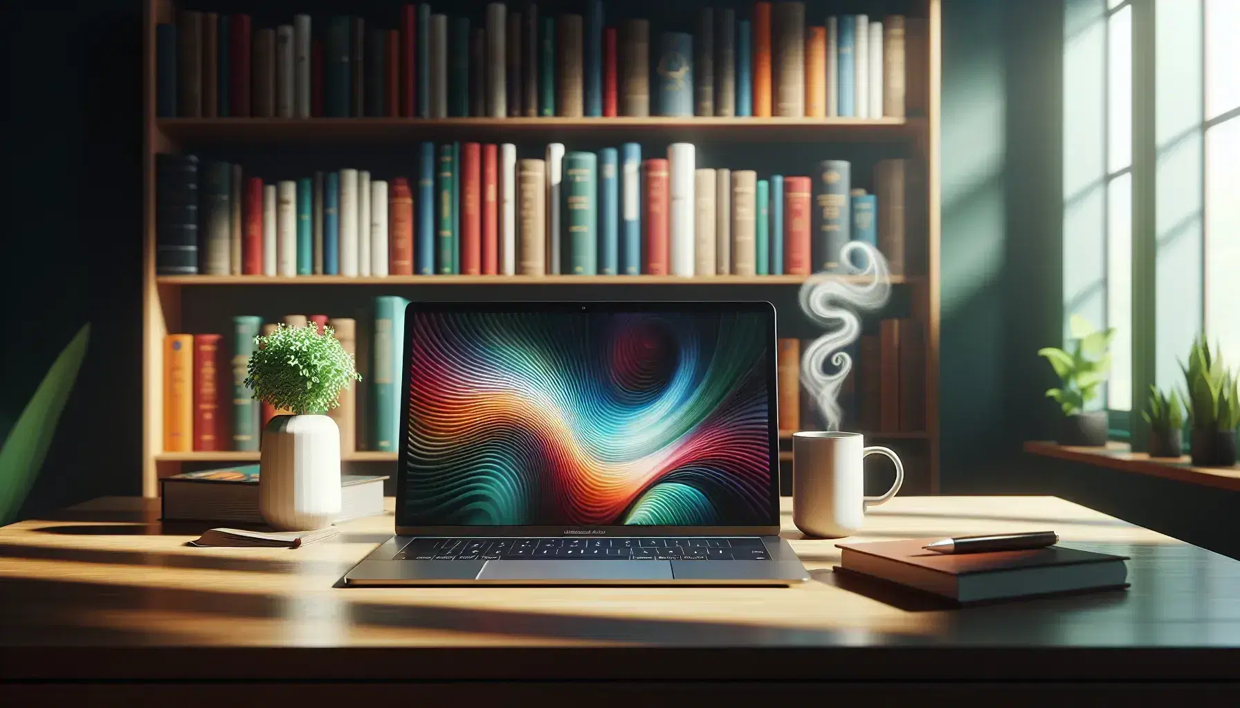 Organized wooden desk with modern laptop, cup of steaming coffee, green plant and tidy bookshelf with colorful books.