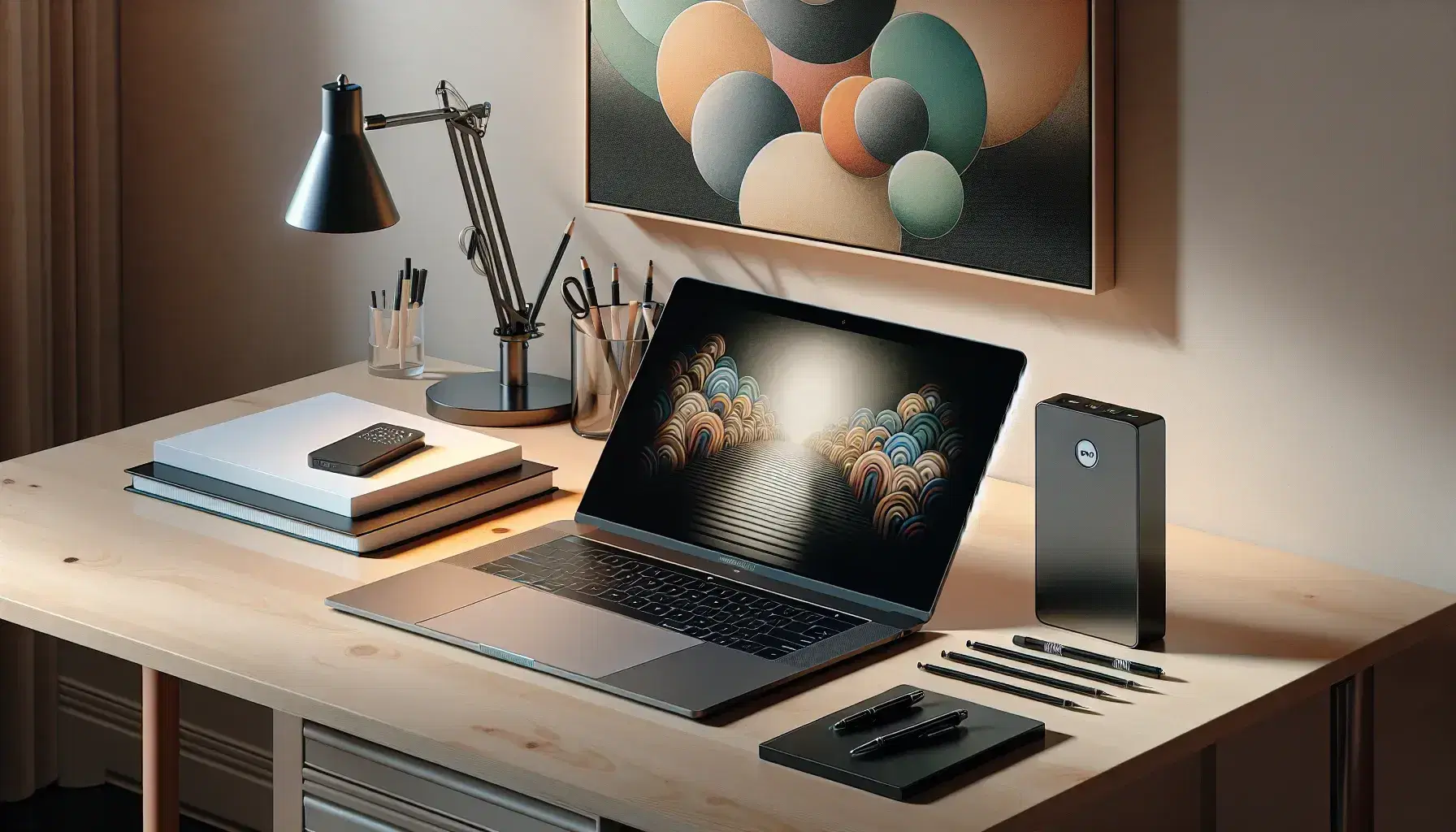 Scrivania in legno chiaro con laptop aperto, hard disk esterno nero, pila di fogli, penna blu e quadro astratto sullo sfondo.