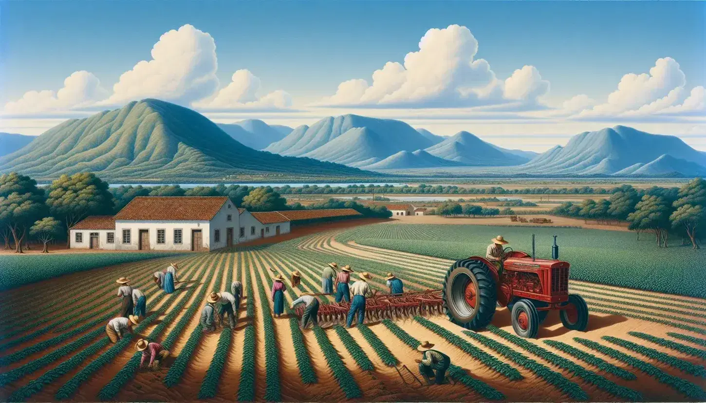 Paisaje rural soleado con trabajadores agrícolas en campo de cultivo, tractor rojo y montañas al fondo bajo cielo azul con nubes.