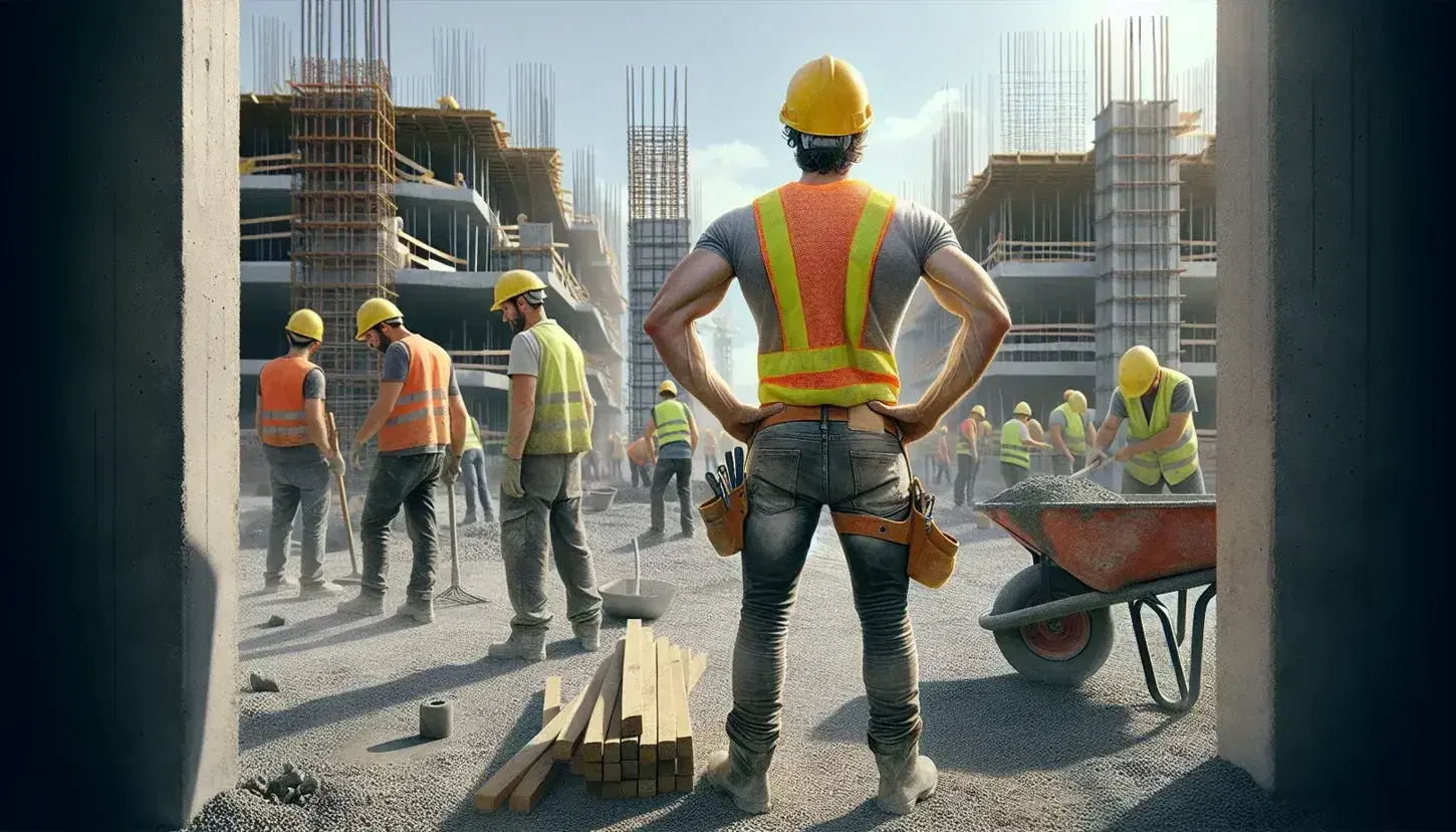 Construction workers in safety gear engage in various tasks on a sunny Spanish building site with scaffolding and unfinished structures.