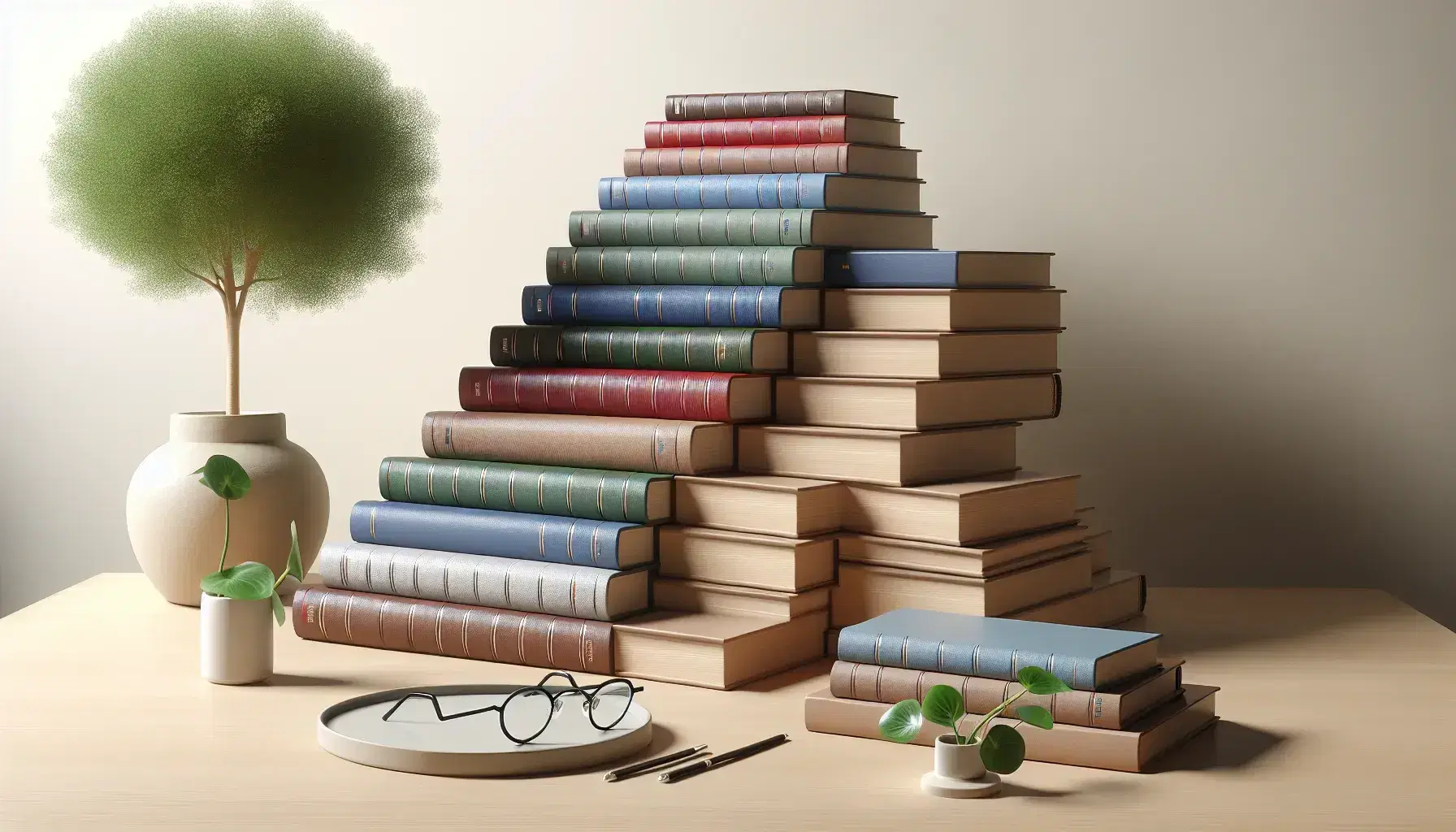 Pila de libros en colores variados ordenados en escalera sobre mesa de madera clara, junto a gafas negras y planta verde en maceta blanca.