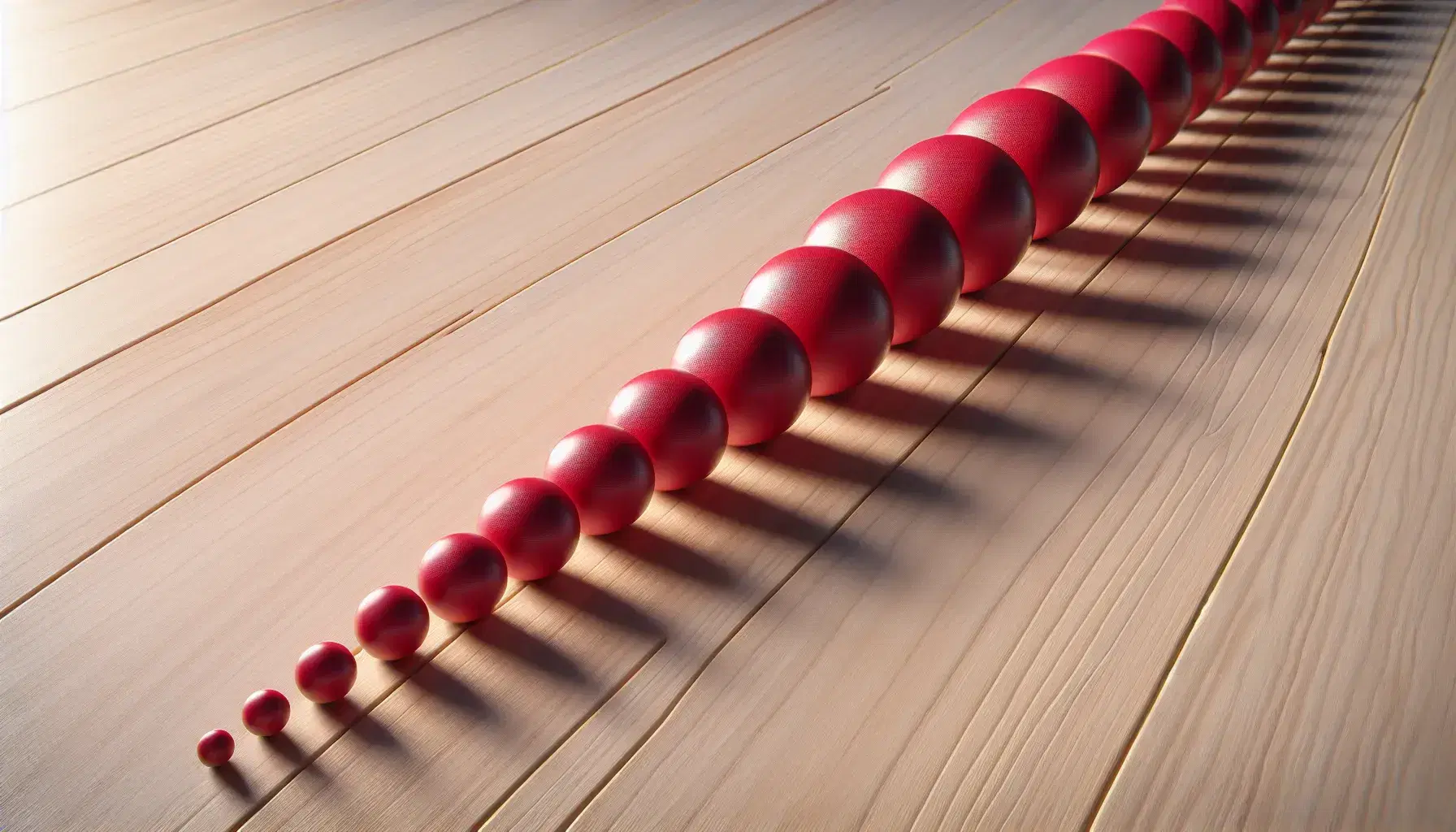 Red rubber balls in decreasing sizes arranged in a line on a wooden surface, creating a perspective illusion of depth.